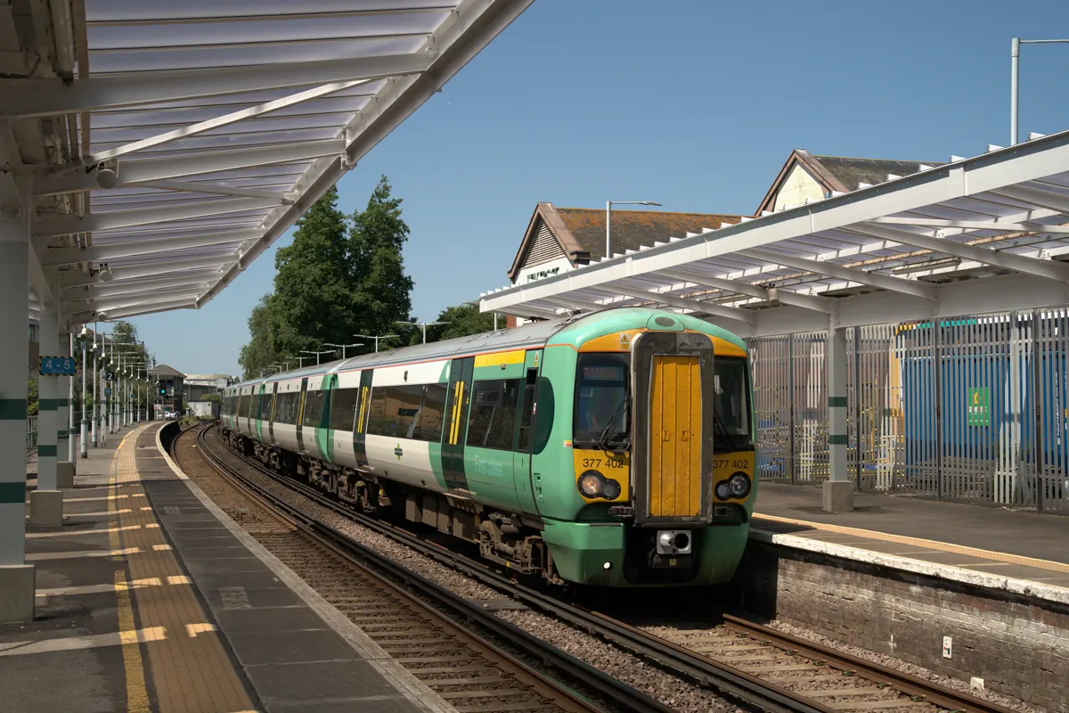 A Southern train at a platform in Chichester station