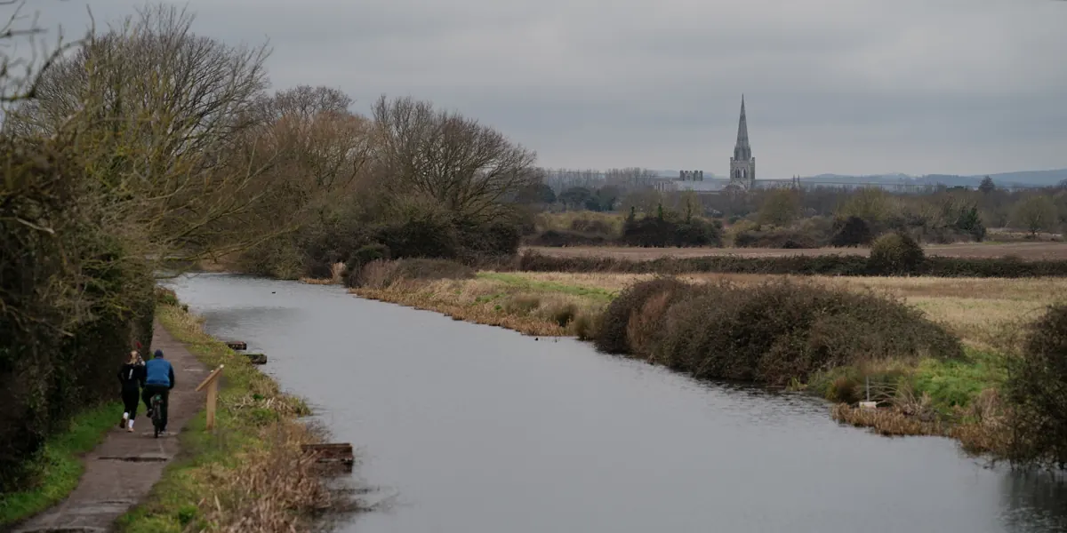 The Chichester Canal and its towpath, with the cathedral spire in the distance
